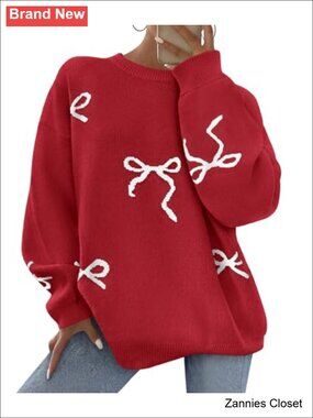 🎄 PRETTYGARDEN Long Sleeve Bow Oversized Chunky Knit Pullover Sweater